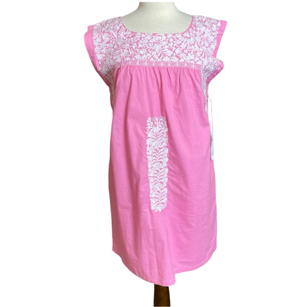J. Marie NWT Embroidered Devyn pink cotton dress with white floral embroidery M